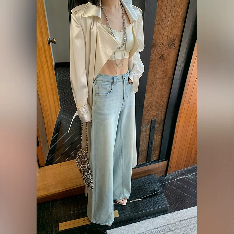 十三粥私服 冰蓝海盐 百搭宽松高腰海盐蓝水洗喇叭牛仔裤