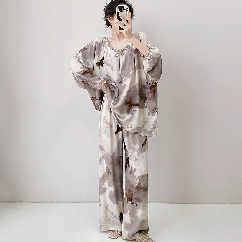 绵绸睡衣春秋夏季可外穿棉绸家居服国风大码高级棉绸睡衣女款