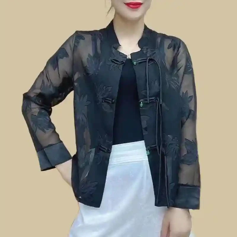 夏季复古盘扣防晒衣国潮风提花长袖上衣新中式女装短款外套衬衫春