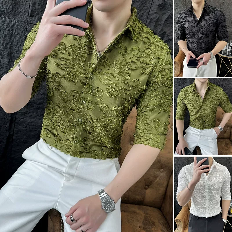 夏季痞帅衬衫男七分袖潮流短袖花寸衫2024新款高级感中袖潮牌半袖