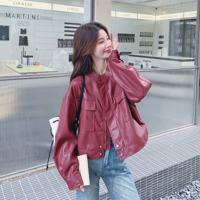 安可拉红复古衣外套女2025秋新款高级感小个子短款PU机车夹克