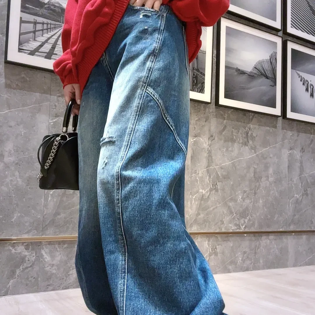 秋冬复古弯刀牛仔裤女宽松高腰显瘦显腿长百搭洋气671