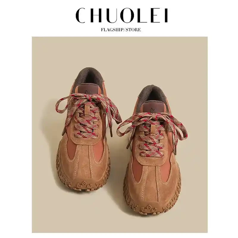 厚底德训鞋女2025夏季新款华夫透气拼接小个子棕色阿甘运动老爹鞋