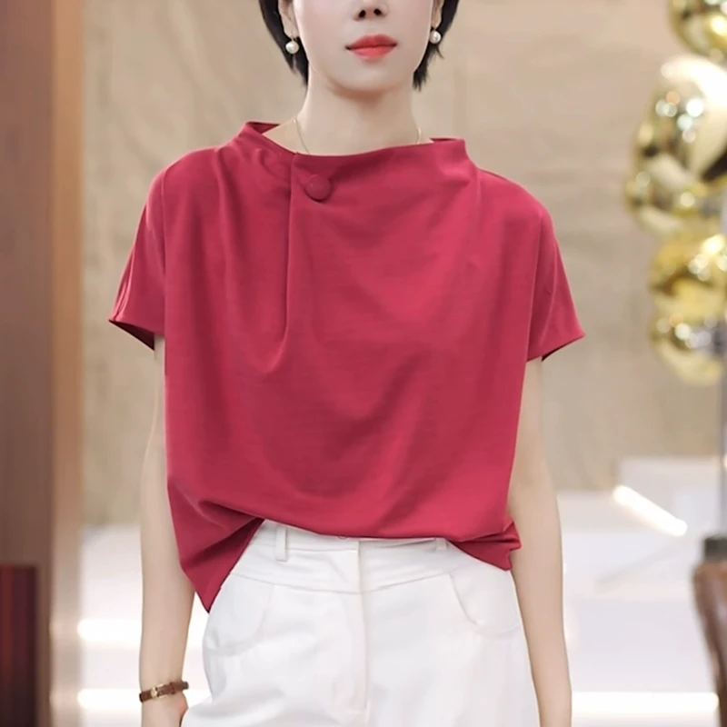 红色正肩t恤女士夏季2025宽松型时尚显瘦减龄设计感休闲气质上衣