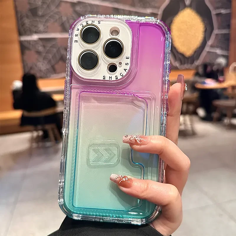 适用苹果iPhone16promax渐变插卡手机壳透明苹果15pro三合一卡包
