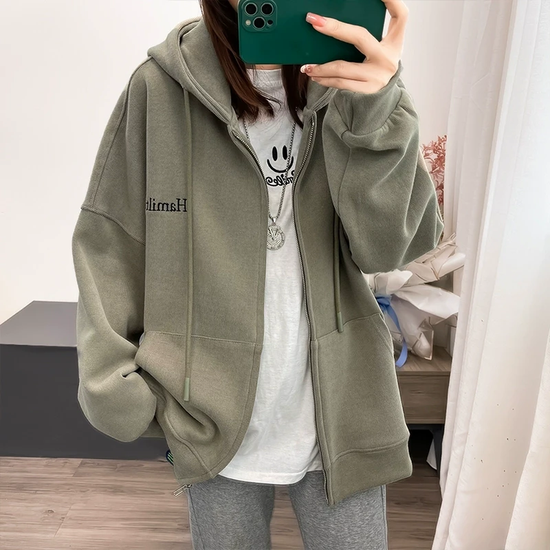 5327大码胖mm拉链连帽卫衣女秋季ins潮遮肉显瘦宽松慵懒外套开衫