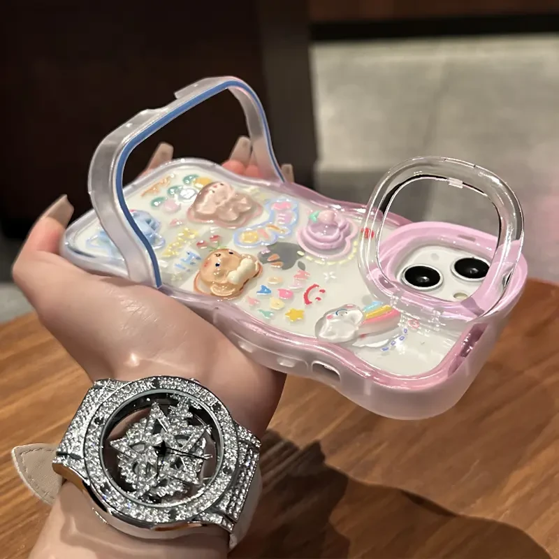 适用云熊兔公仔苹果15华为oppo女款vivo小米iPhone16双支架手机壳