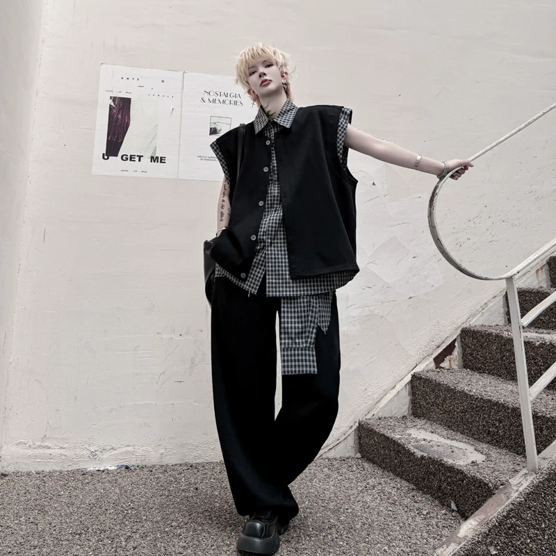 夏季美式复古撞色拼接假两件格子马甲套装男搭配阔腿裤痞帅两件套