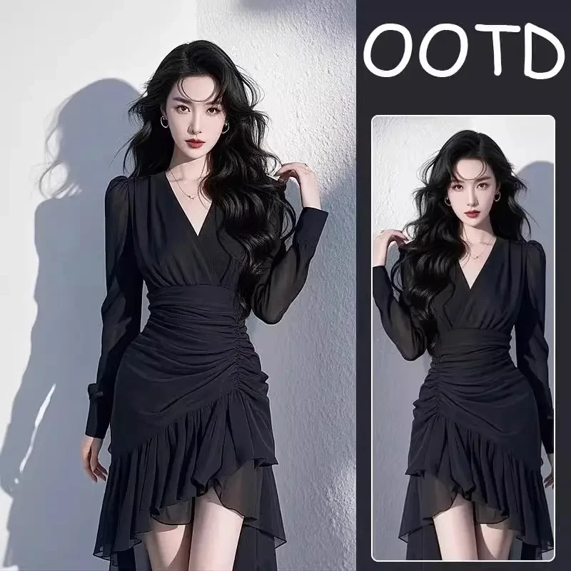 大码女装春季法式气质微胖mm高级感赫本风收腰显瘦黑色连衣裙裙子