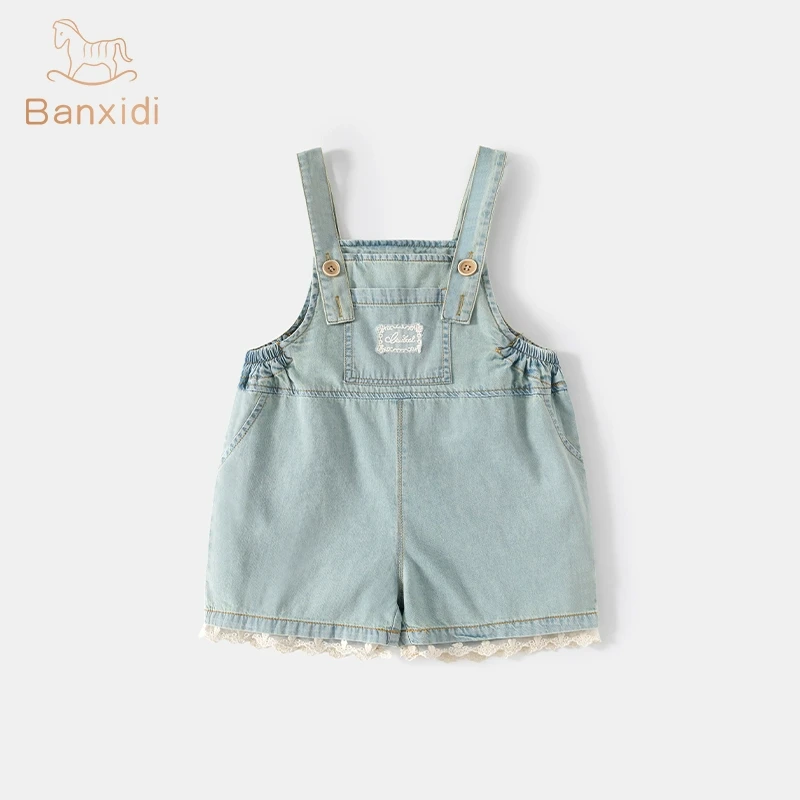 班喜迪女童裤子夏薄款新款女宝宝牛仔背带裤童装七分裤夏装直筒裤