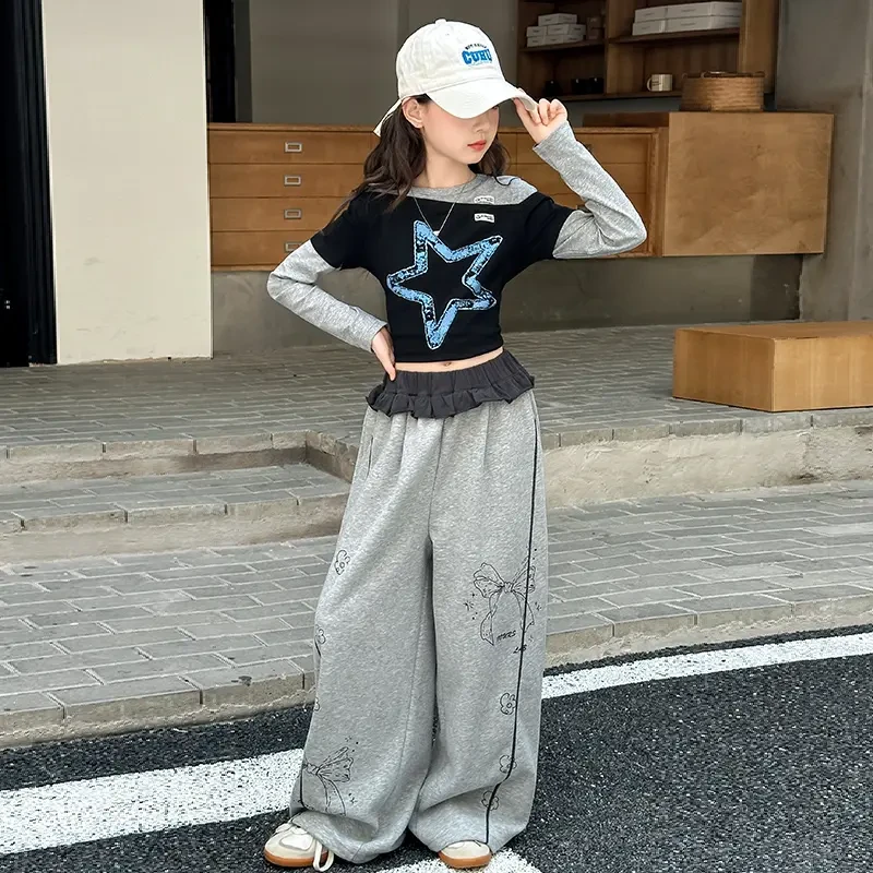 女童超好看韩系裤子2025超火蝴蝶结阔腿裤大童秋季时髦炸街潮款t