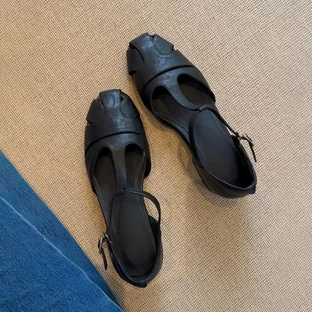 高级感~包头鞋女夏复古编织镂空一字带扣凉鞋女黑色气低跟罗马鞋