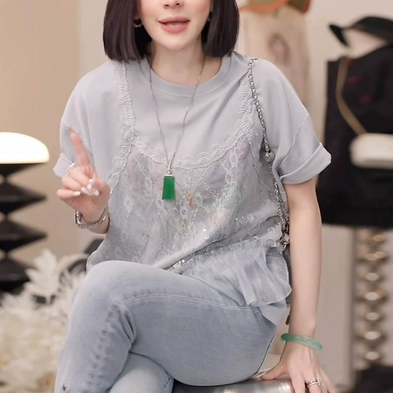 灰色假两件短袖t恤女2025夏季新款宽松显瘦蕾丝拼接休闲小衫上衣