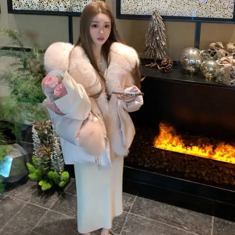 小小仟 新国标90白鸭绒甜甜妹宝 神仙粉色大狐狸毛领羽绒服女连帽