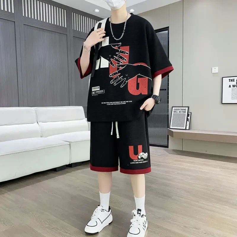 短袖夏季休闲运动套装男学生短裤套装港风帅气百搭印花宽松两件套