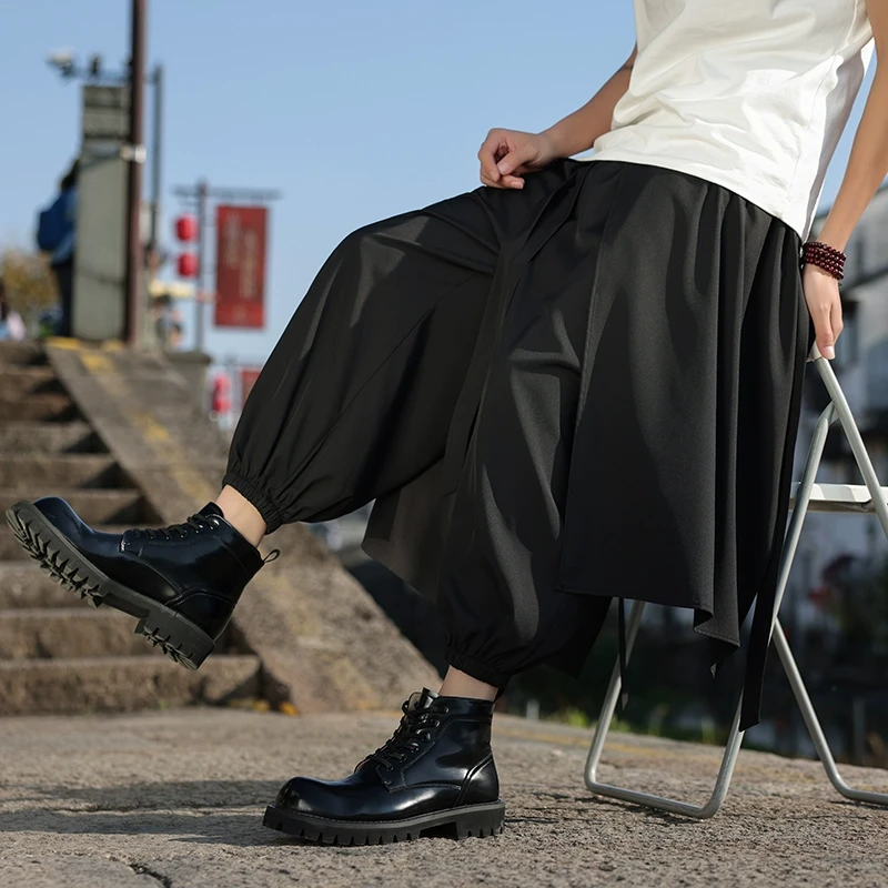 国潮加大码胖子拼接束脚九分裤男春夏季新中式国风设计感小众裙裤