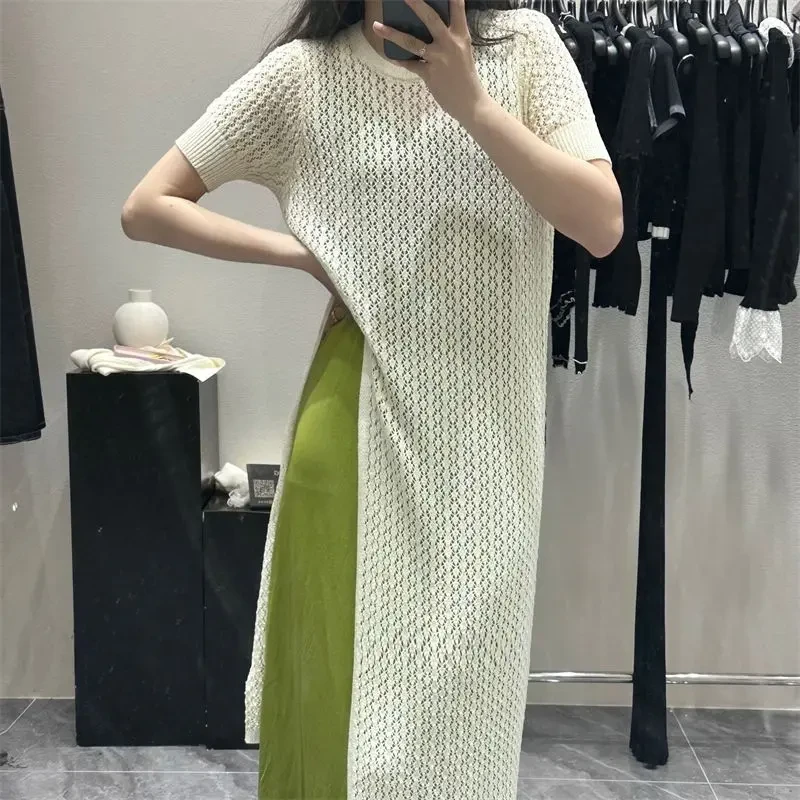 夏季薄款宽松镂空开叉连衣裙女2025新款韩版慵懒风短袖中长款裙子