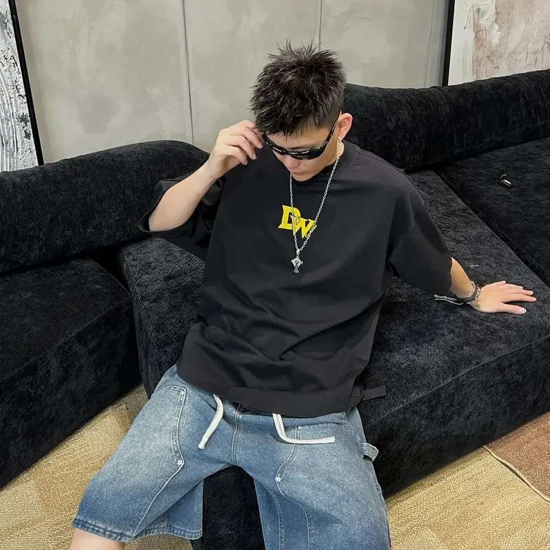 夏季爆款美式字母蝙蝠袖休闲短袖男士高级感潮牌时尚百搭海边T恤