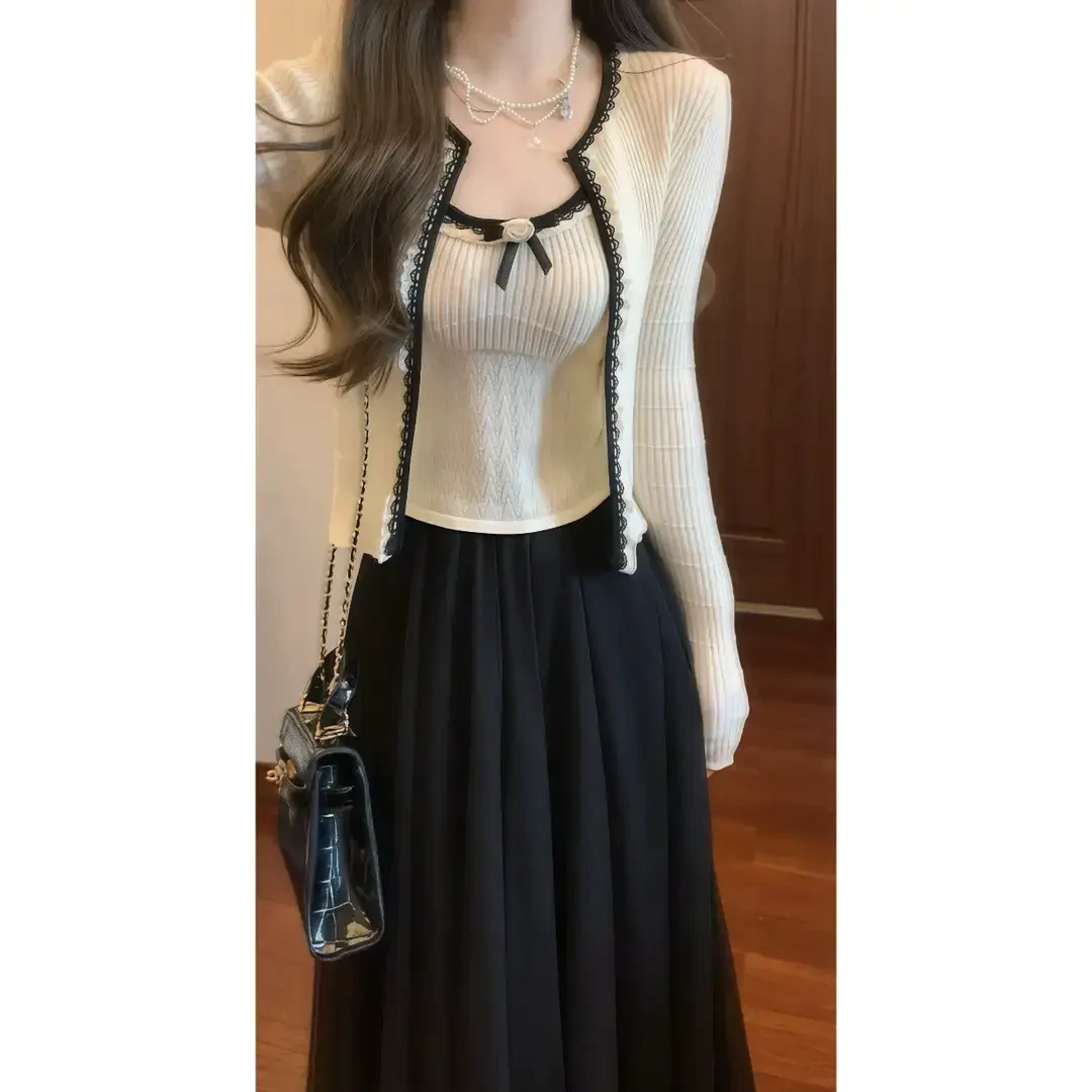 【月色山茶】蝴蝶结小心机吊带针织开衫外套网纱半身裙套装裙88978