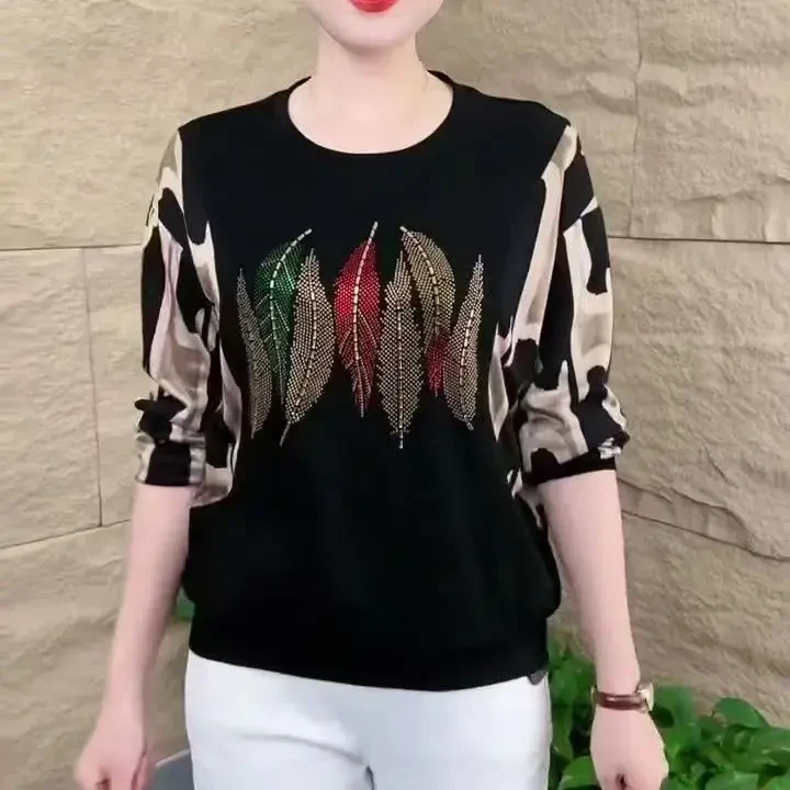 【专柜品质】2025早秋新款时尚烫钻印花T恤洋气百搭宽松显瘦上衣女