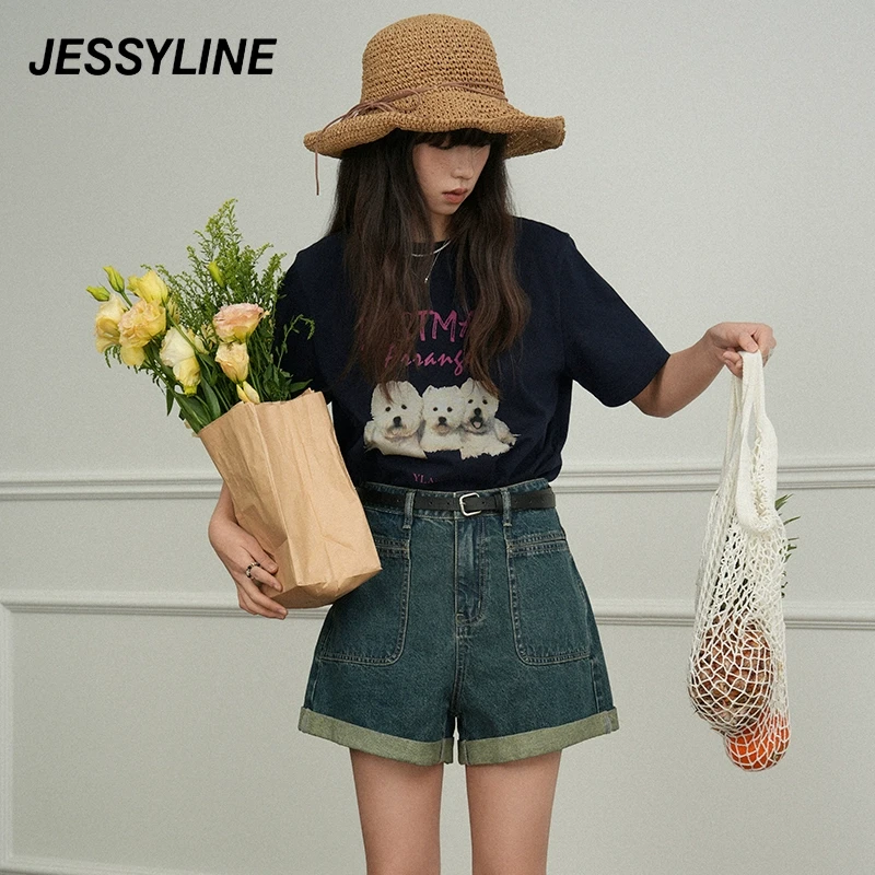 jessyline 杰茜莱2025夏季新款小狗百搭短袖T恤女显瘦上衣宽松