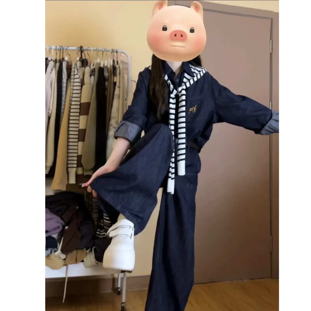 2025早秋新款法式衬衫上衣女披肩老钱风弛感休闲宽松阔腿裤两件套