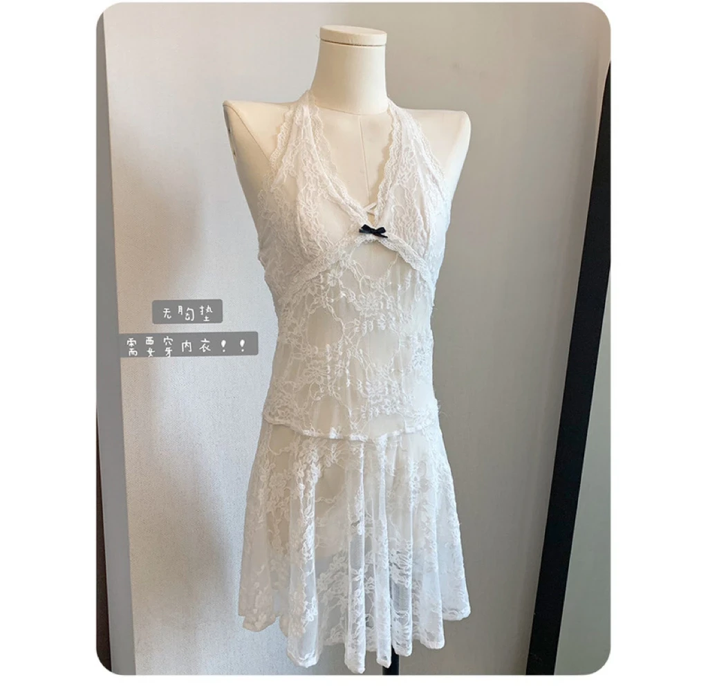 [叠穿神器]百搭显瘦蕾丝内搭挂脖裙女2025新款纯欲修身薄透打底裙