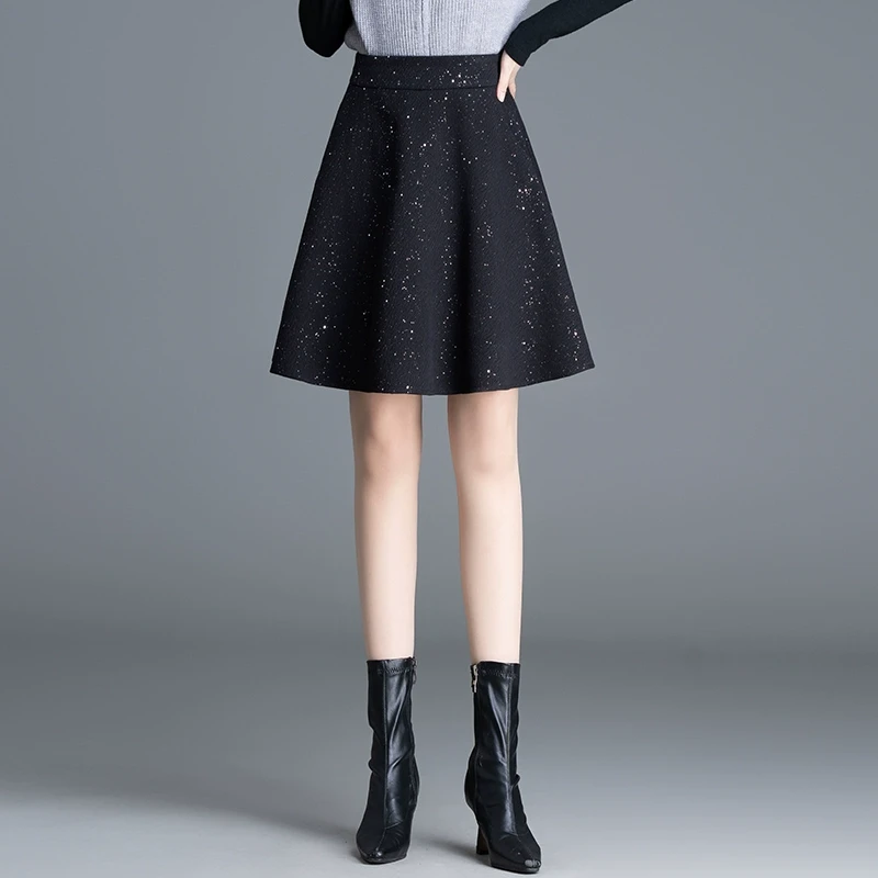 毛呢短裙a字裙裤型内衬防走光秋冬高腰显瘦伞裙亮片短款半身裙女
