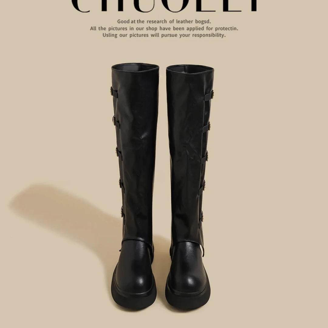 2025秋冬季新款厚底长筒靴女棕色皮带扣大头鞋子女ins潮牌百搭鞋