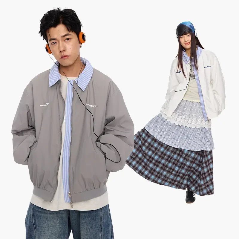 防水面料美式复古绣花假两件翻领棒球服春季男女夹克外套秋季爆款