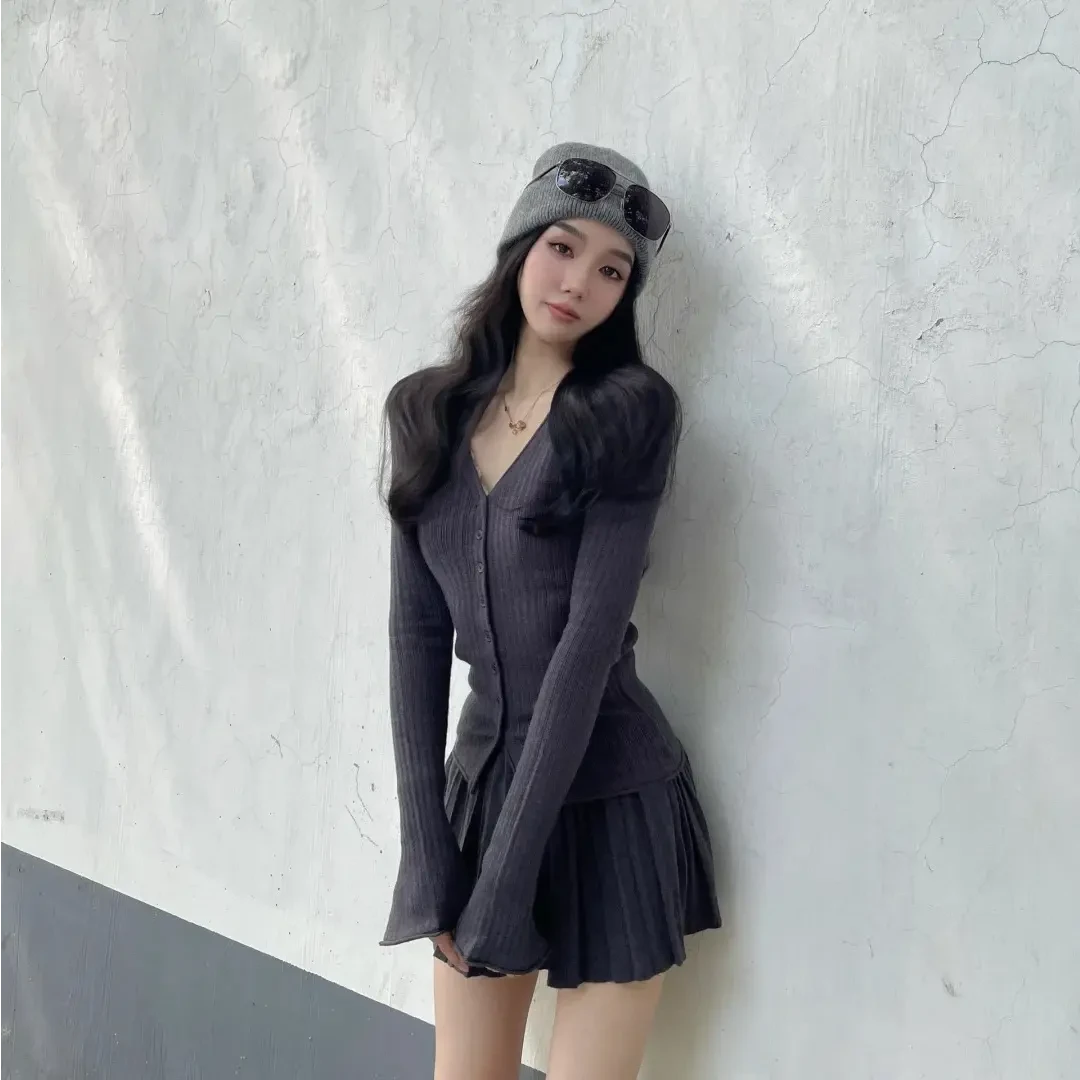 秋季新款美式学院风v领长袖针织开衫痞帅炸街风女装高腰半身裙