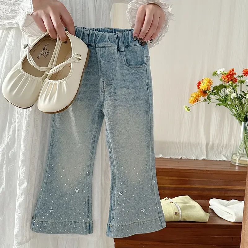女童微喇牛仔裤儿童春季新款网红洋气蝴蝶长裤子中小童休闲裤百搭