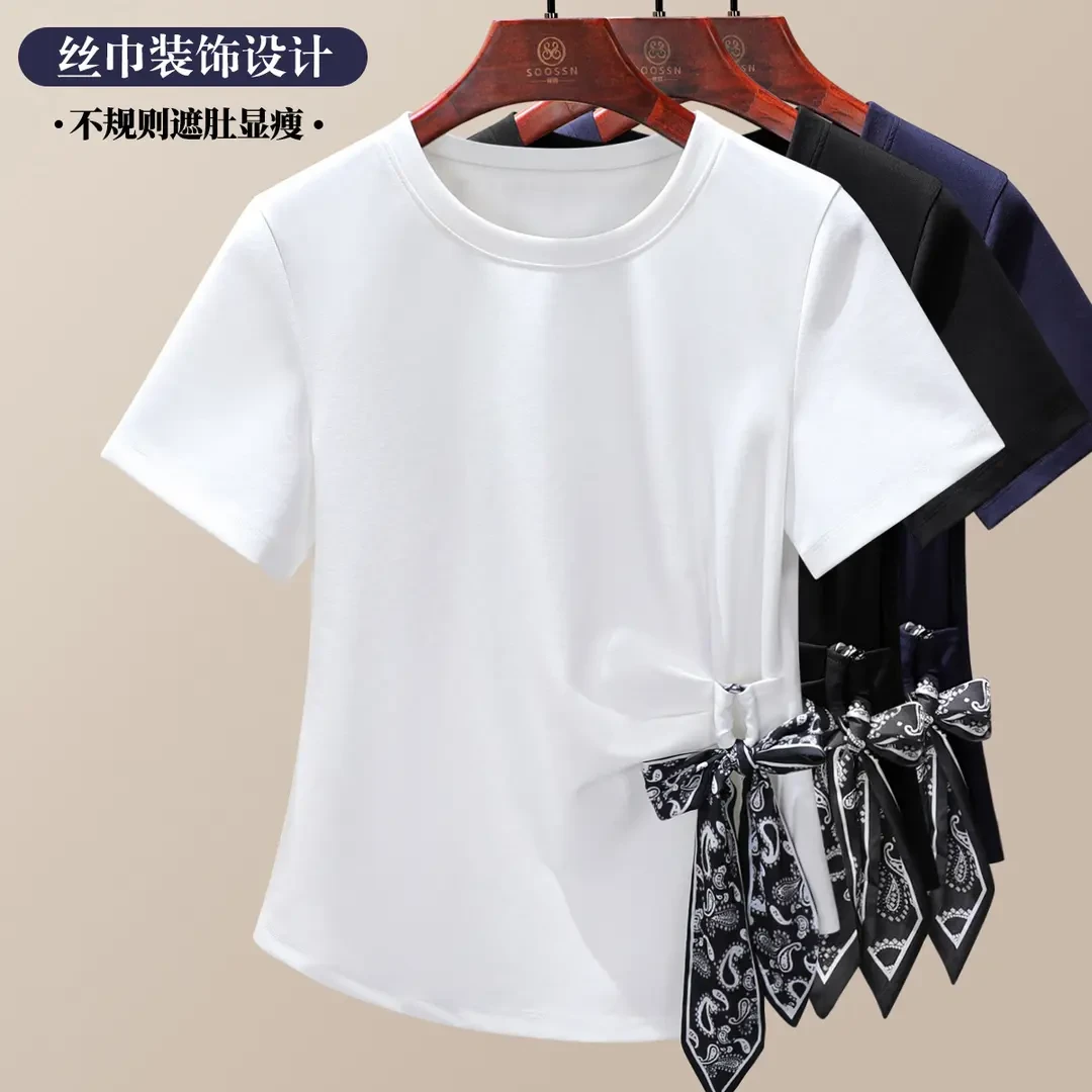 法式气质丝巾绑带短袖t恤女2025夏季新款不规则正肩修身显瘦上衣