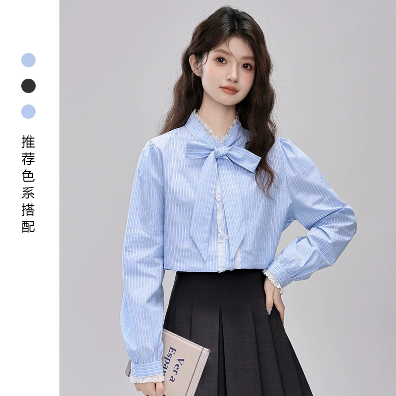蓝色条纹纯棉长袖衬衫女2025春秋新款蝴蝶结泡泡袖衬衣学院风上衣