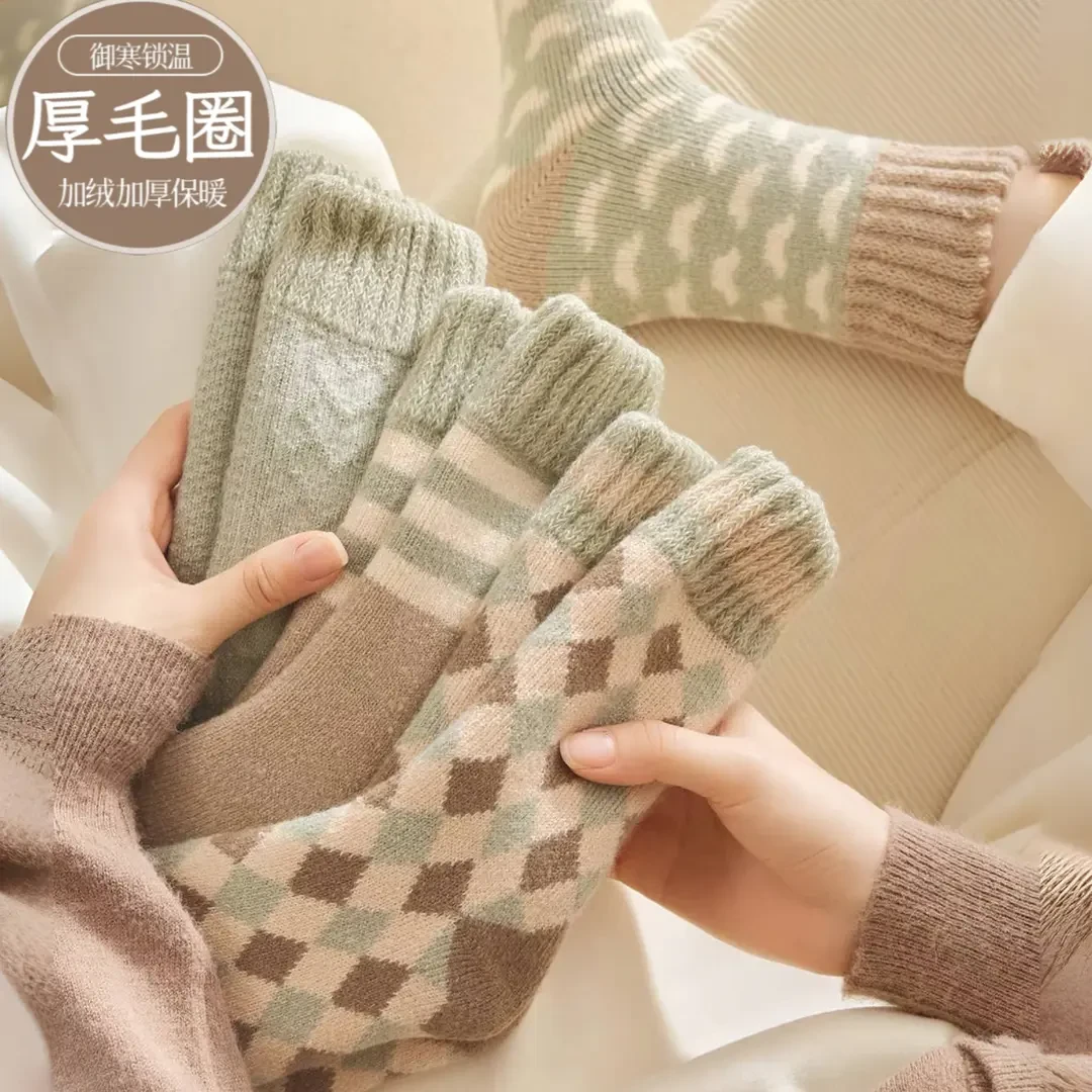 加厚加绒女士中筒秋冬保暖毛圈睡眠月子地板袜袜子
