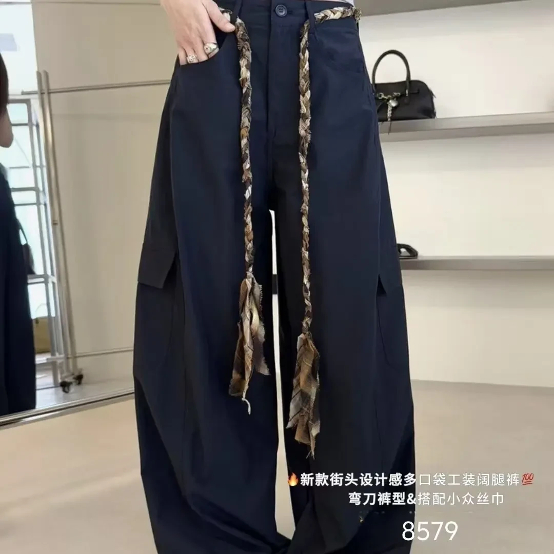 秋季新款口袋腰带工装裤高腰阔腿裤百搭宽松美式风格