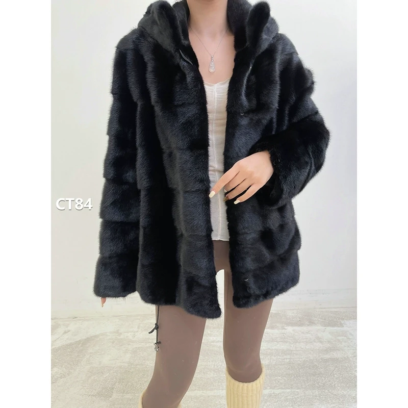 XXXX【CT84】L码 纯黑色短款横纹整皮貂皮大衣（肩43胸108衣69袖63）