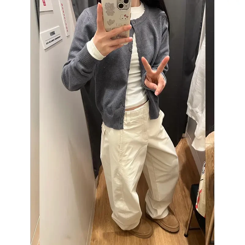 新款女士早春季白色廓形直筒阔腿裤高腰宽松休闲垂感拖地长裤