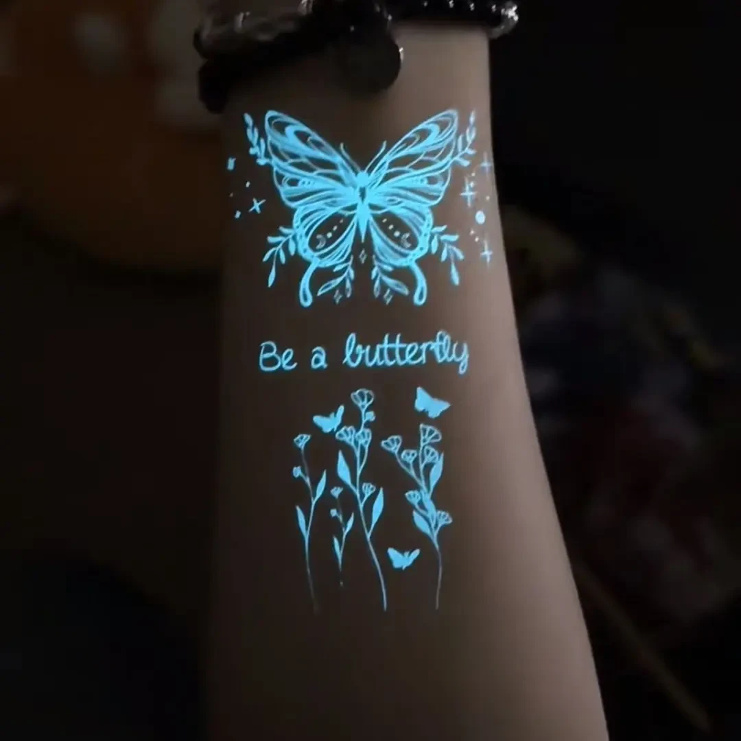 唯美花蝴蝶夜光一次性纹身贴演唱会荧光蕾丝星星月亮脸贴锁骨贴