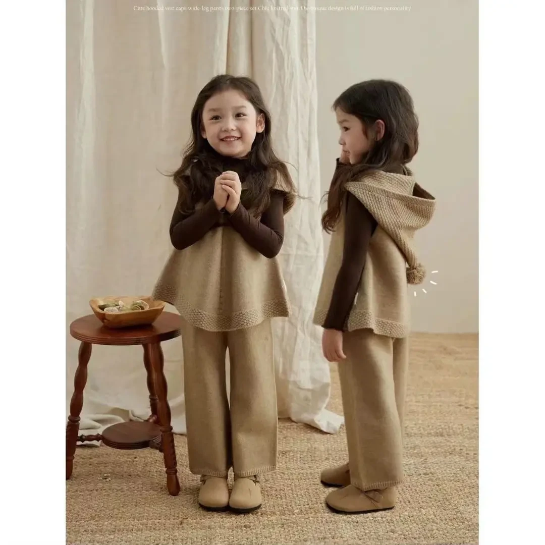 2025儿童春秋新款纯色连帽马甲毛衣三件套女童阔腿裤针织套装
