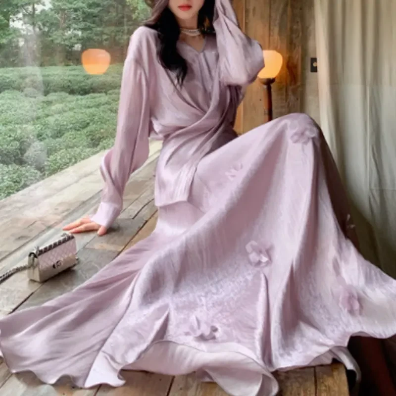 B325+B297度假风掐腰紫色衬衫半身裙套装女开春小众穿设计感潮