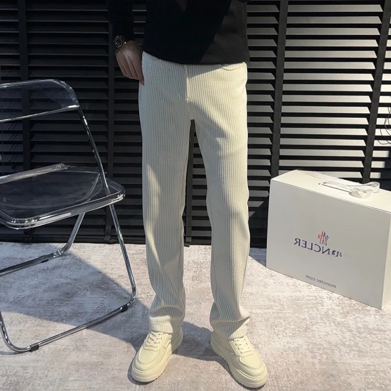 意式极简男士秋冬弹力免烫麦穗条纹垂感休闲裤时尚百搭加厚微阔裤