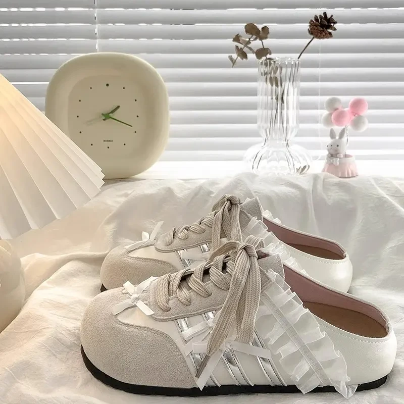 网红爆款蕾丝勃肯拖鞋女夏季外穿复古一脚蹬内增高厚底包头半拖鞋