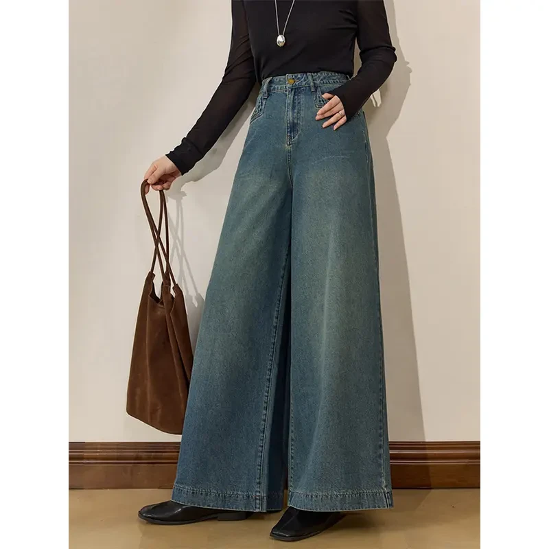 2025秋冬新款时尚百搭高腰显瘦宽松阔腿牛仔裤女休闲直筒长裤子潮
