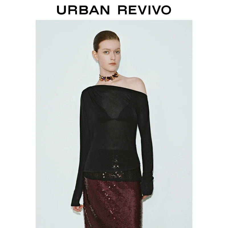 UR2025春季新款女装欧若风假两件拼接蕾丝斜肩领长袖T恤UWG450035