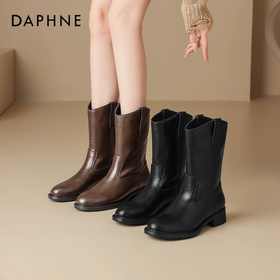 达芙妮2025英伦风短靴女秋冬复古西部靴洋气瘦瘦靴女士新款马丁靴