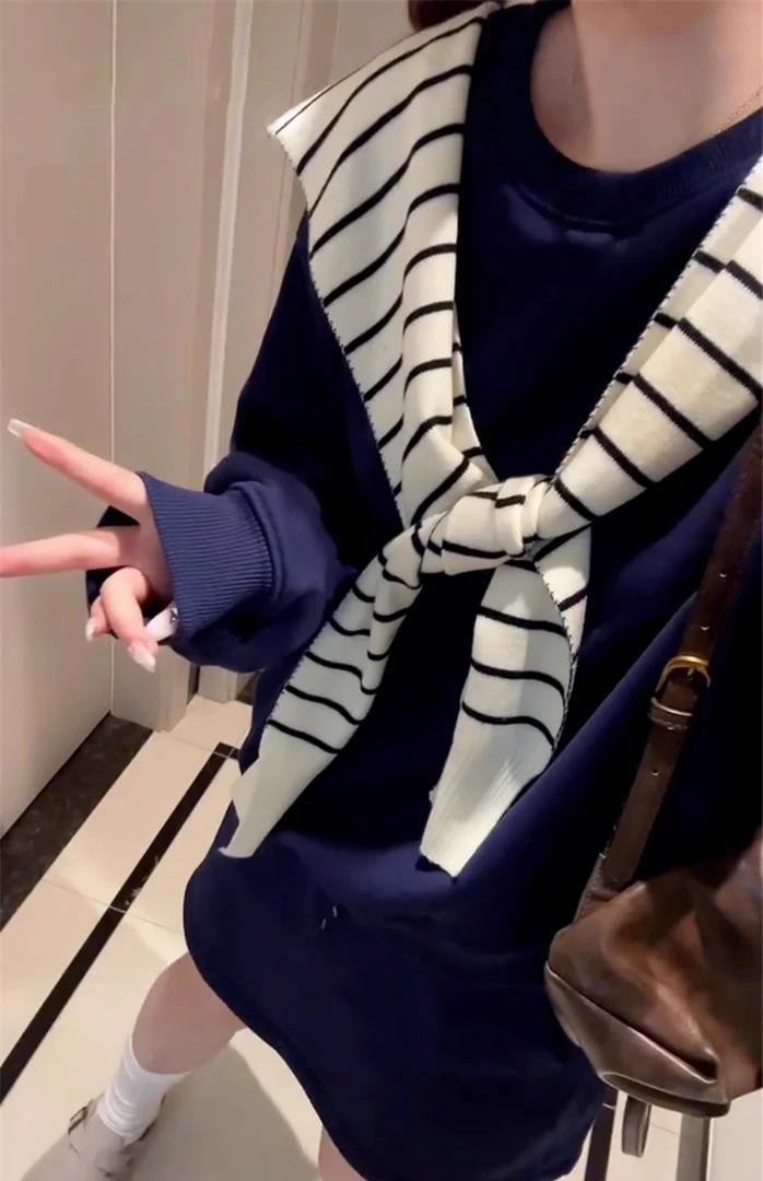 学院风藏青色卫衣连衣裙子春季新款女装小个子高级感穿搭套装6142