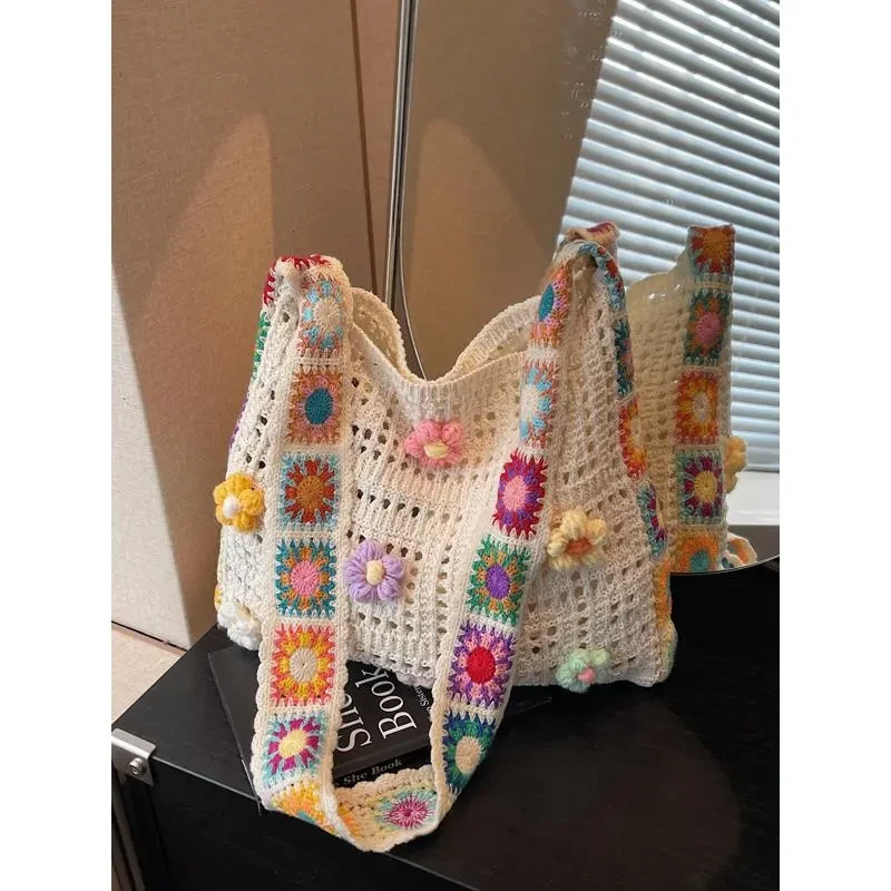 毛线编织太阳花包包女2025新款大容量单肩包小清新海边度假斜挎包