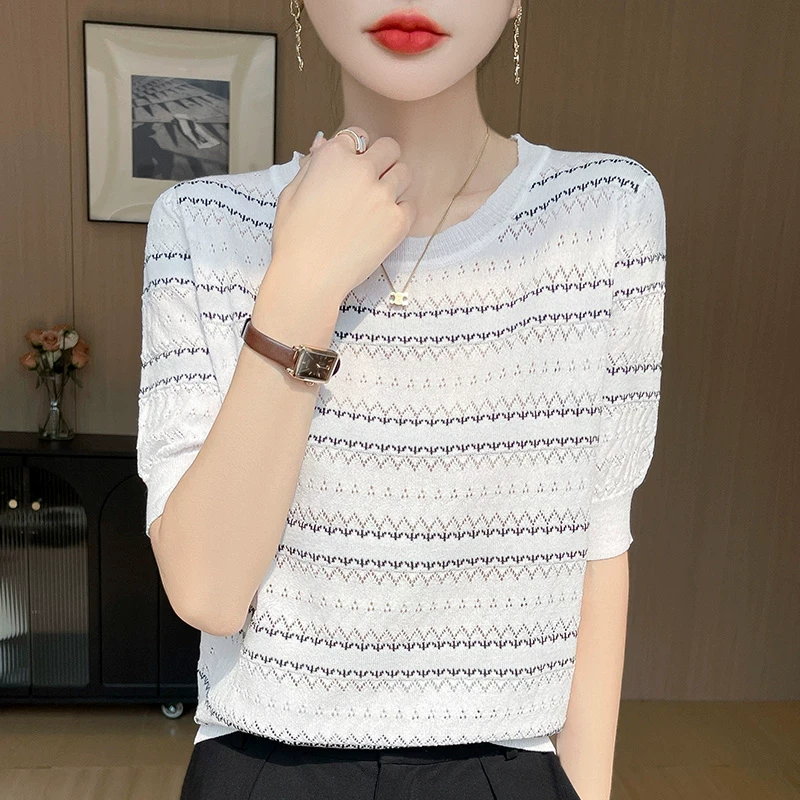 设计感提花条纹冰丝针织短袖恤女夏季薄款宽松显瘦时尚小衫上衣