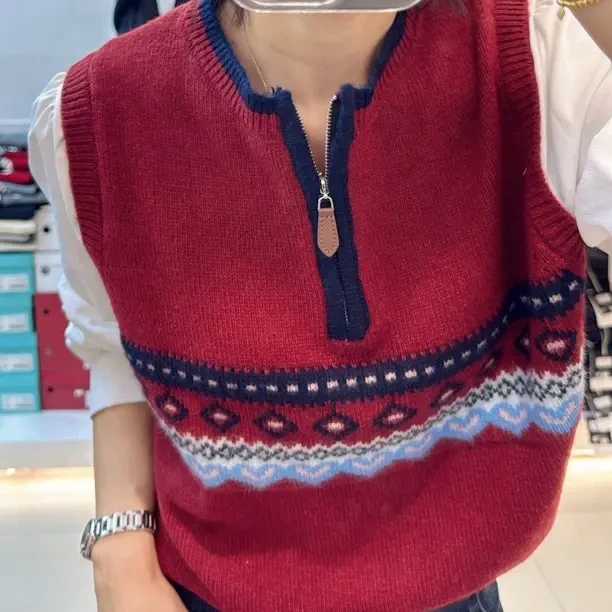 复古提花半拉链高领宽松显瘦针织衫